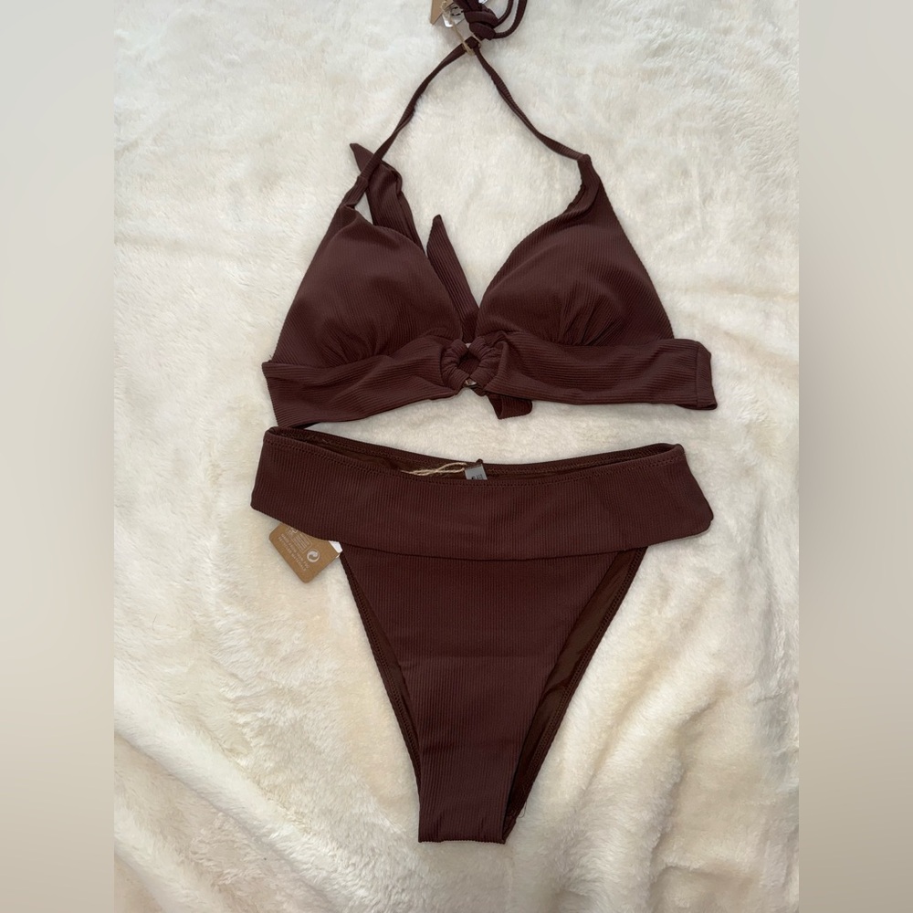 NWT Berlook Espresso Brown ribbed high waisted bikini set medium